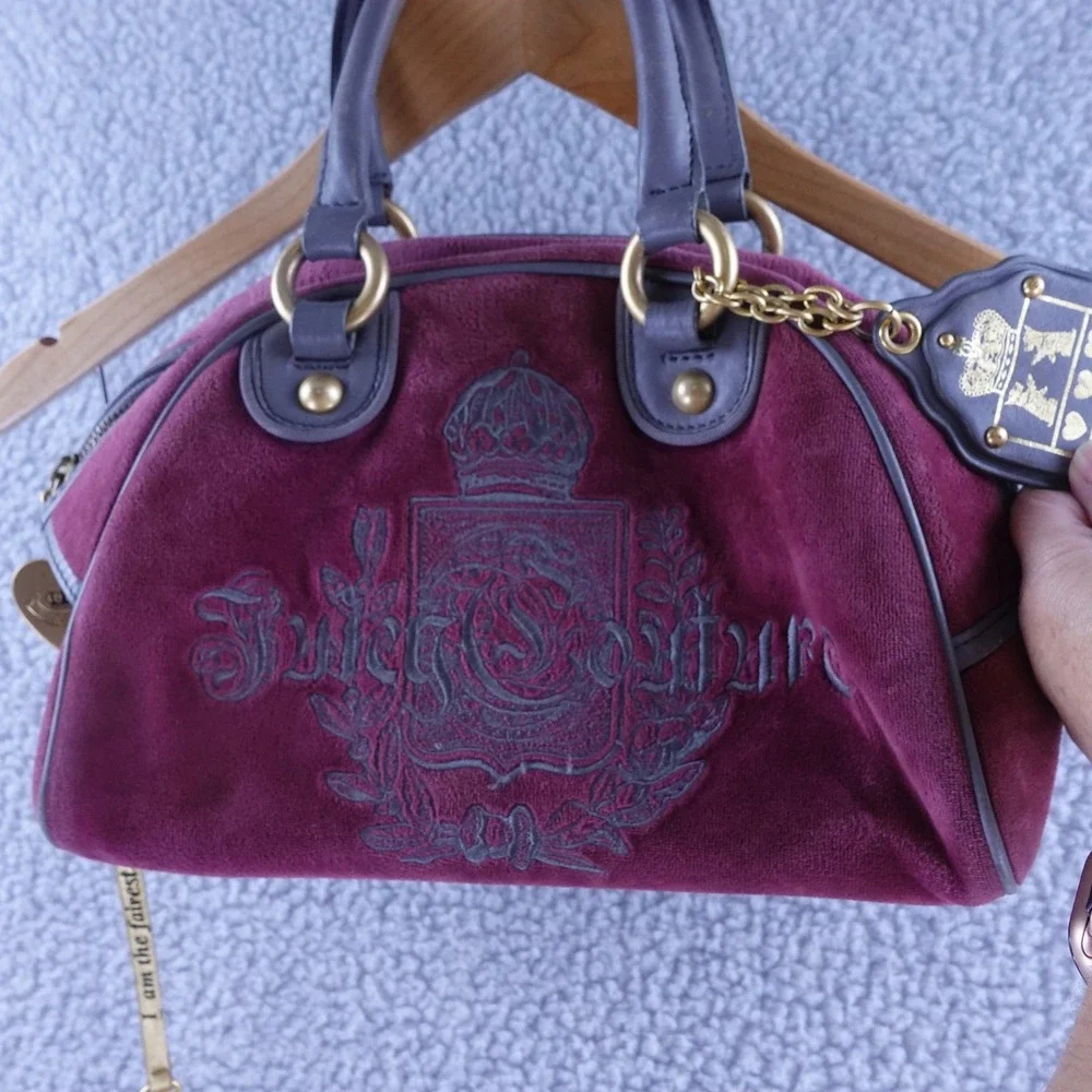 Juicy Couture Velour Bowler Bag Purple Grey Leather Trim Vintage Y2K Crest